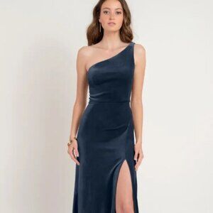Jenny Yoo Cybill French Blue Velvet One Shoulder Dress - Bridesmaid Dress/Formal